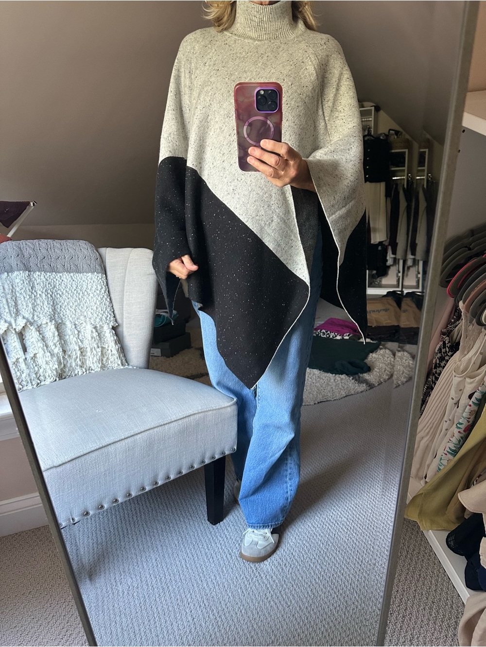 Ann Taylor Black & Cream Colorblock Turtleneck Poncho